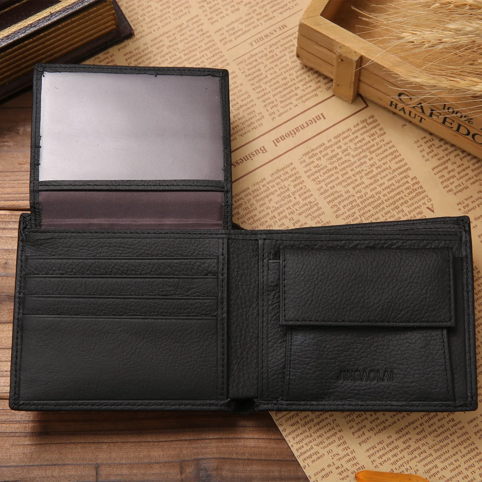 100% Genuine Leather Mens Wallet Premium Product Real Cowhide Wallets for Man Short Black Walet Portefeuille Homme Short Purses