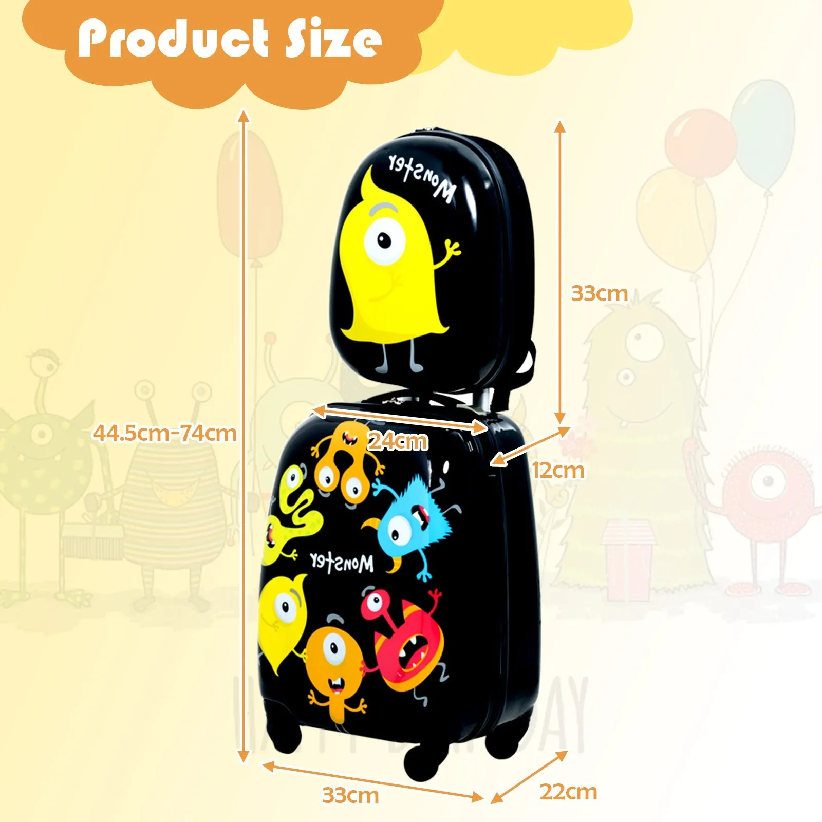 2 Pieces Kids Luggage Set with Carry-on Suitcase and Backpack-Monster