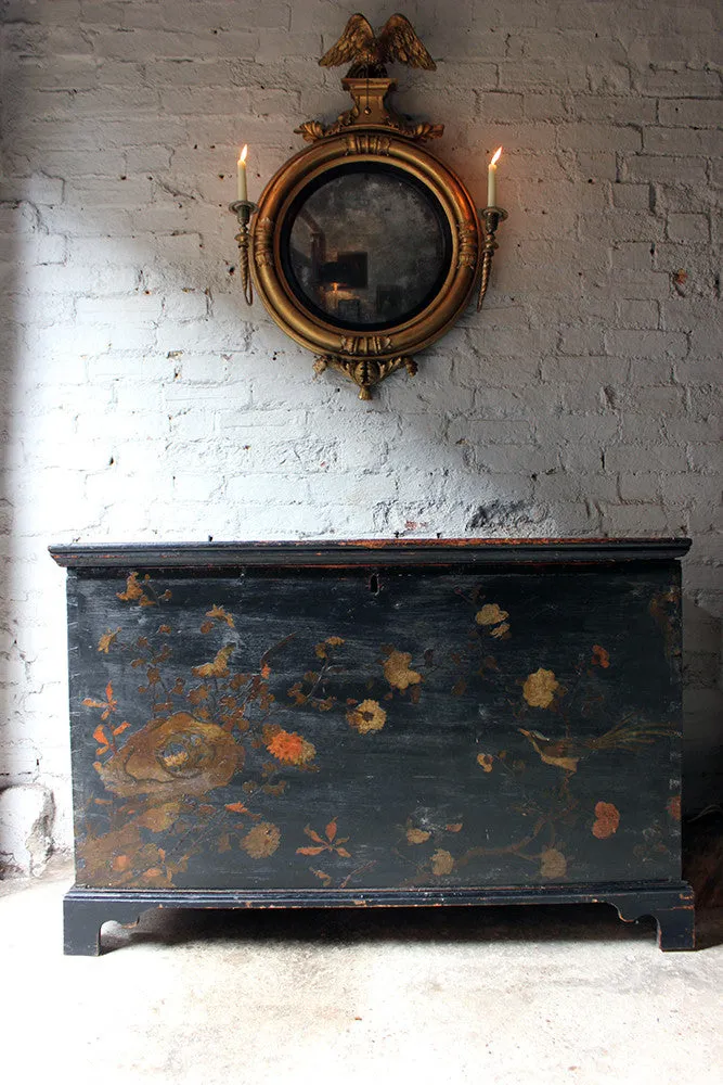 A Decorative c.1810 & Later Black Japanned & Chinoiserie Decoupage Decorated Pine Chest