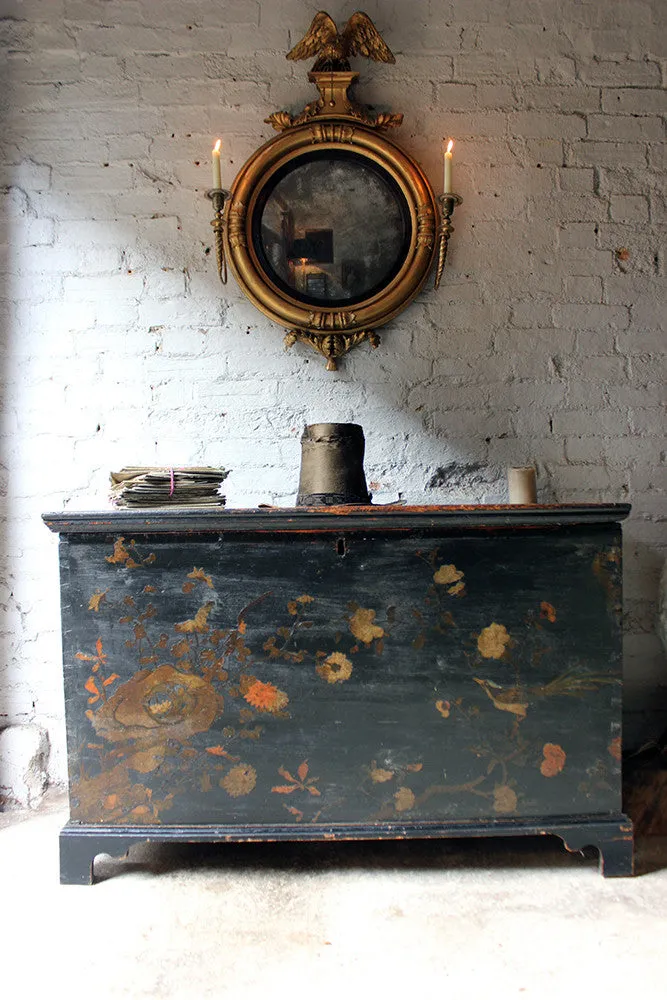 A Decorative c.1810 & Later Black Japanned & Chinoiserie Decoupage Decorated Pine Chest