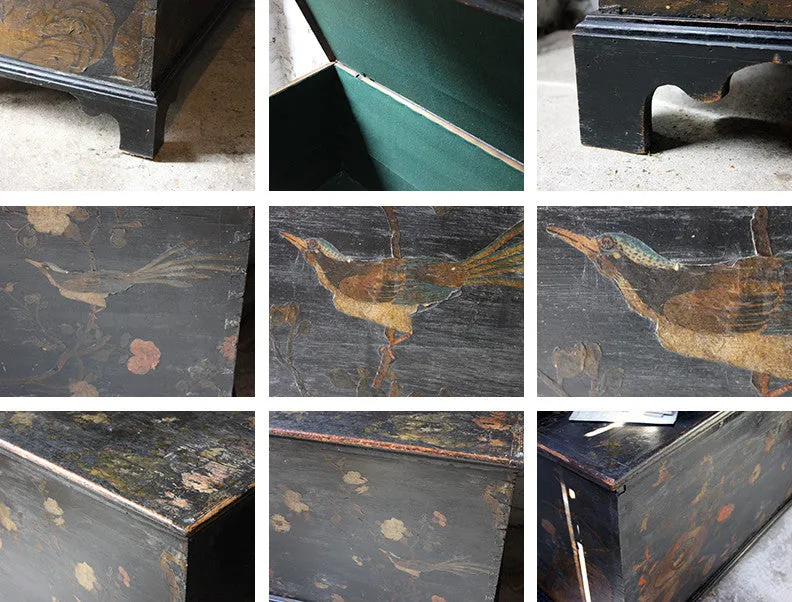 A Decorative c.1810 & Later Black Japanned & Chinoiserie Decoupage Decorated Pine Chest