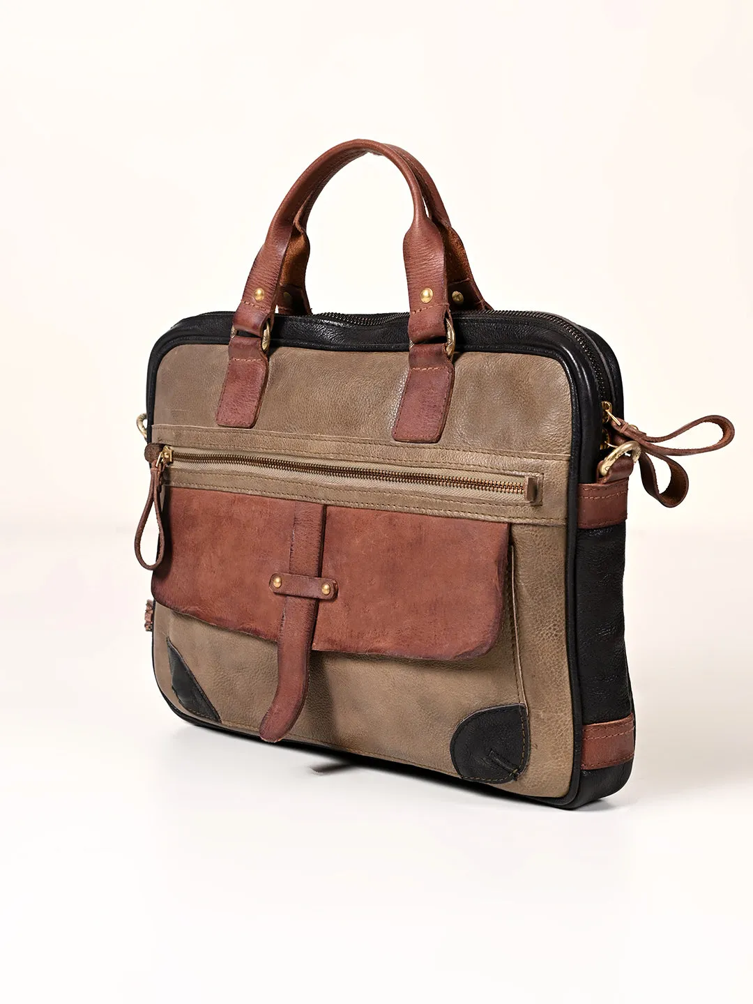 Art N Vintage Winger : Olive With Black Real Leather Laptop Bag