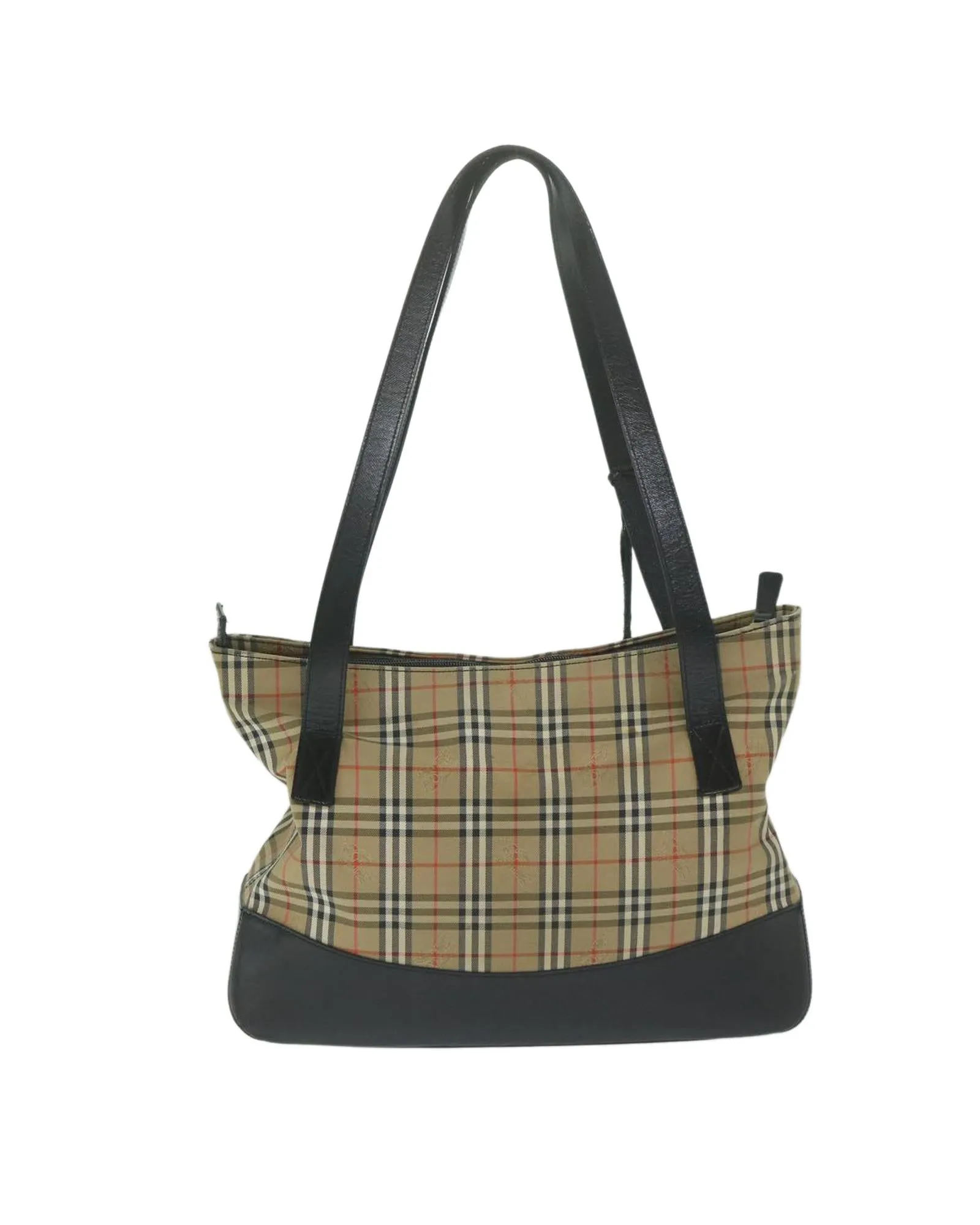 Beige Canvas Shoulder Bag with Check Pattern