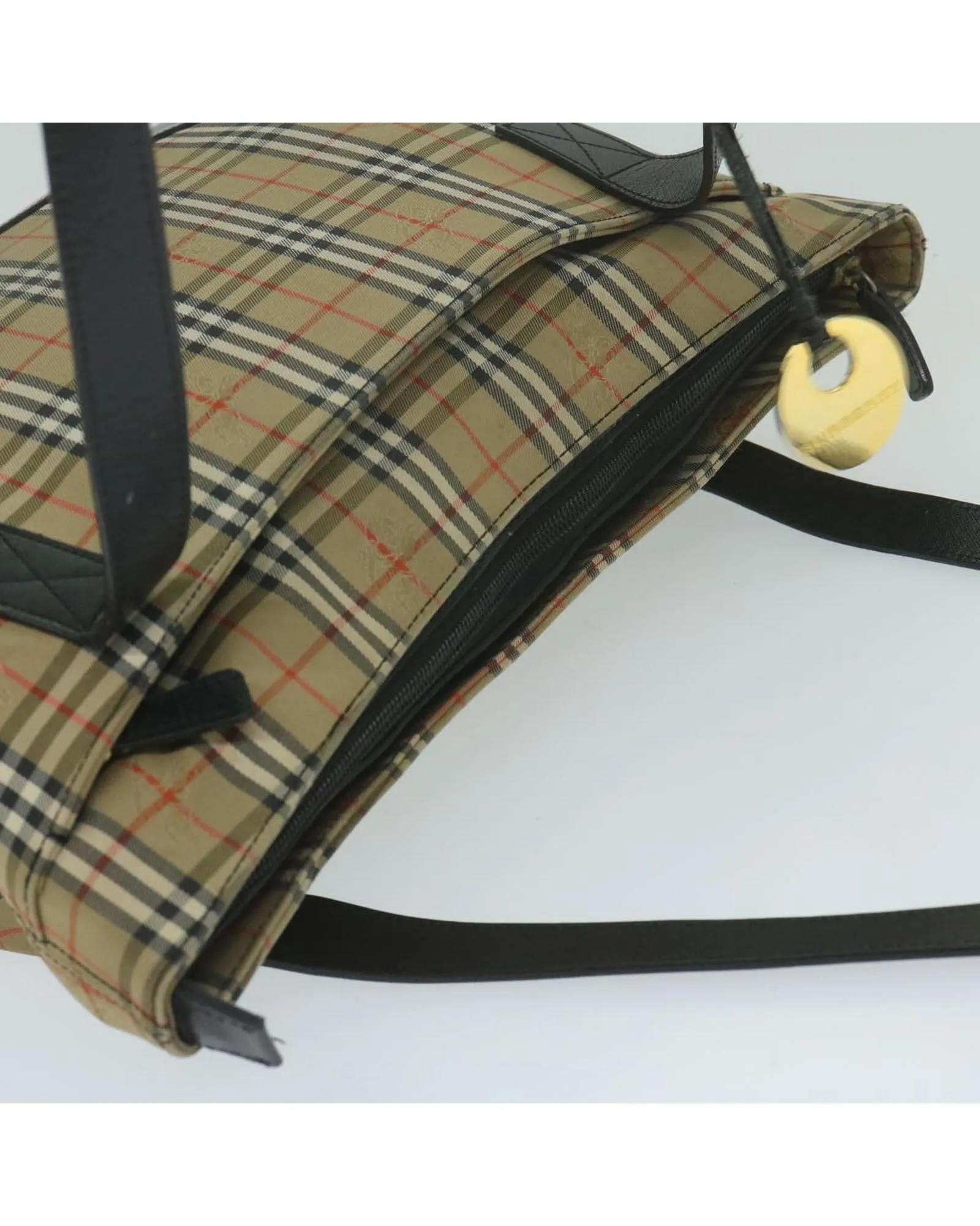 Beige Canvas Shoulder Bag with Check Pattern