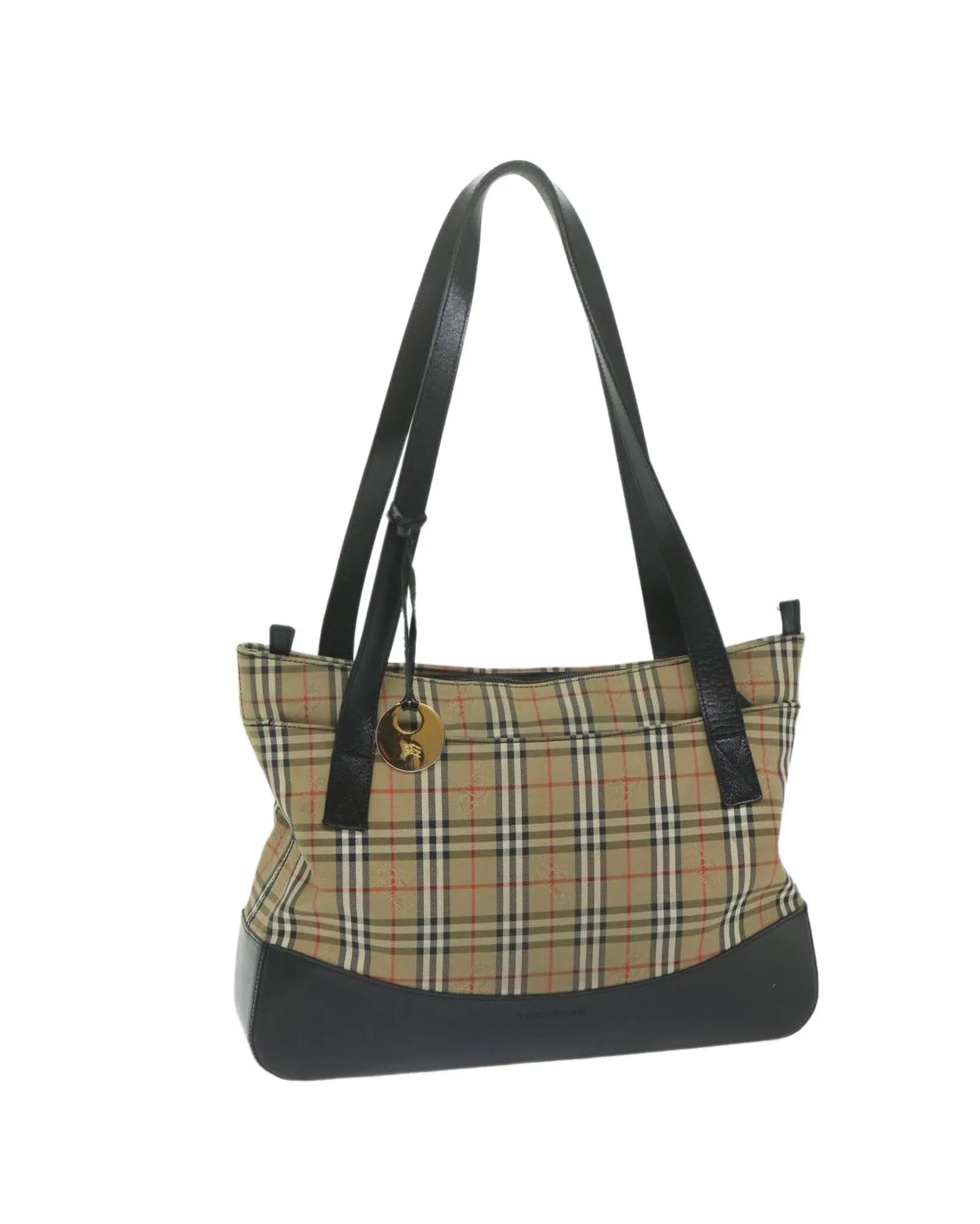 Beige Canvas Shoulder Bag with Check Pattern