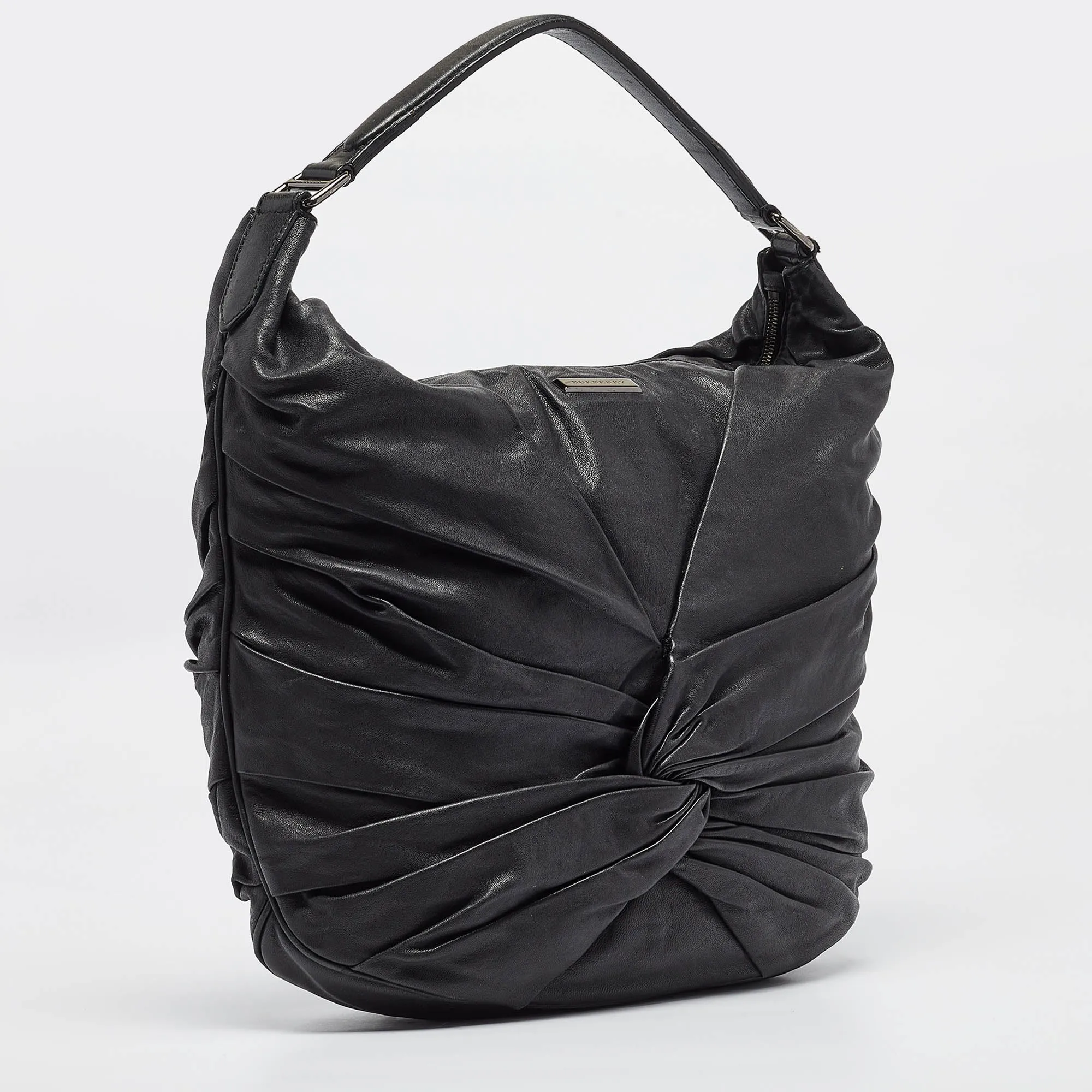 BURBERRY Black Leather Ruched Hobo