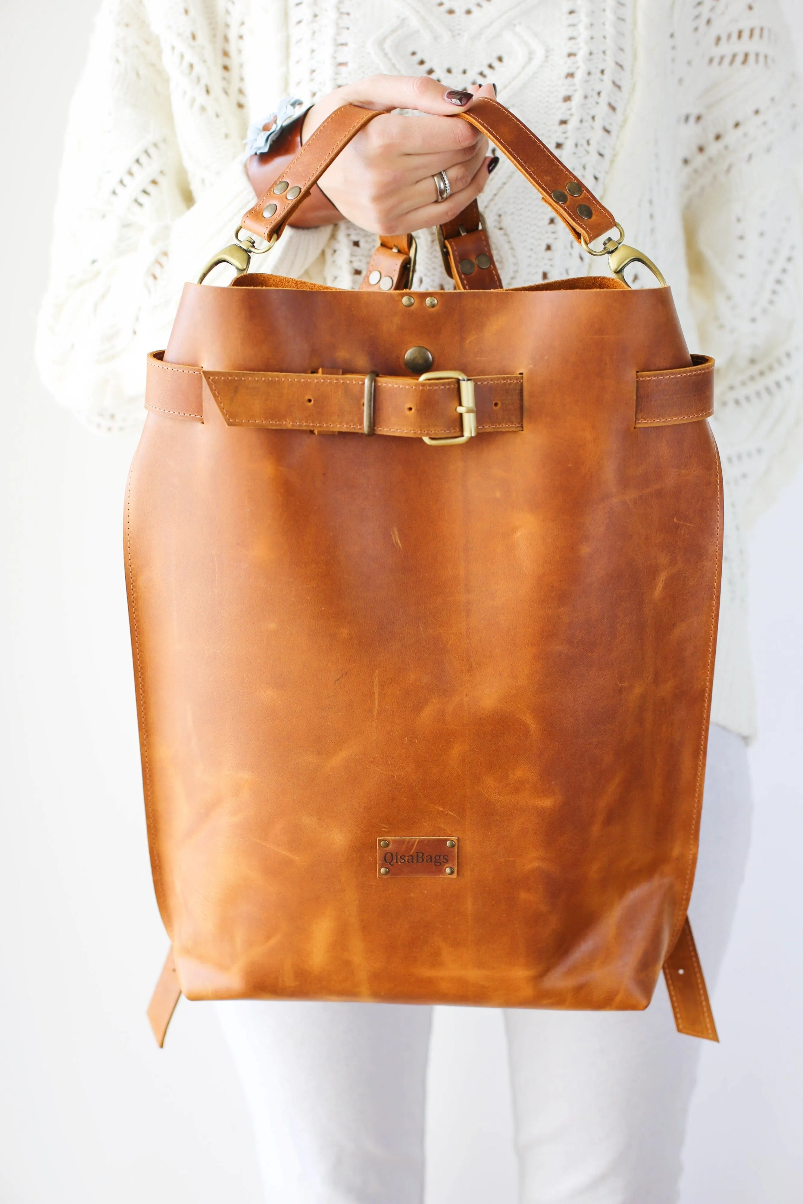 Cognac Brown Large Leather Backpack