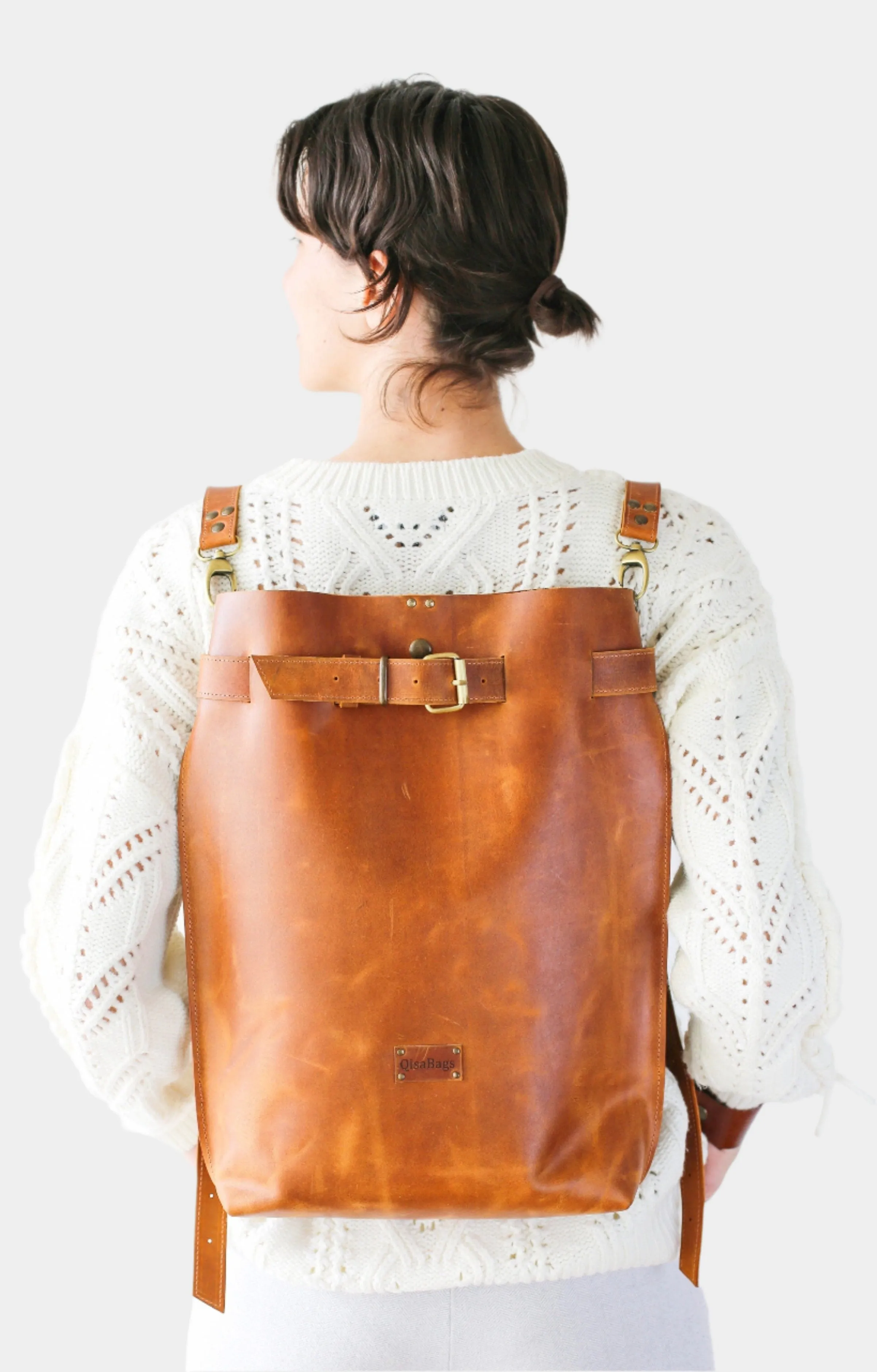 Cognac Brown Large Leather Backpack