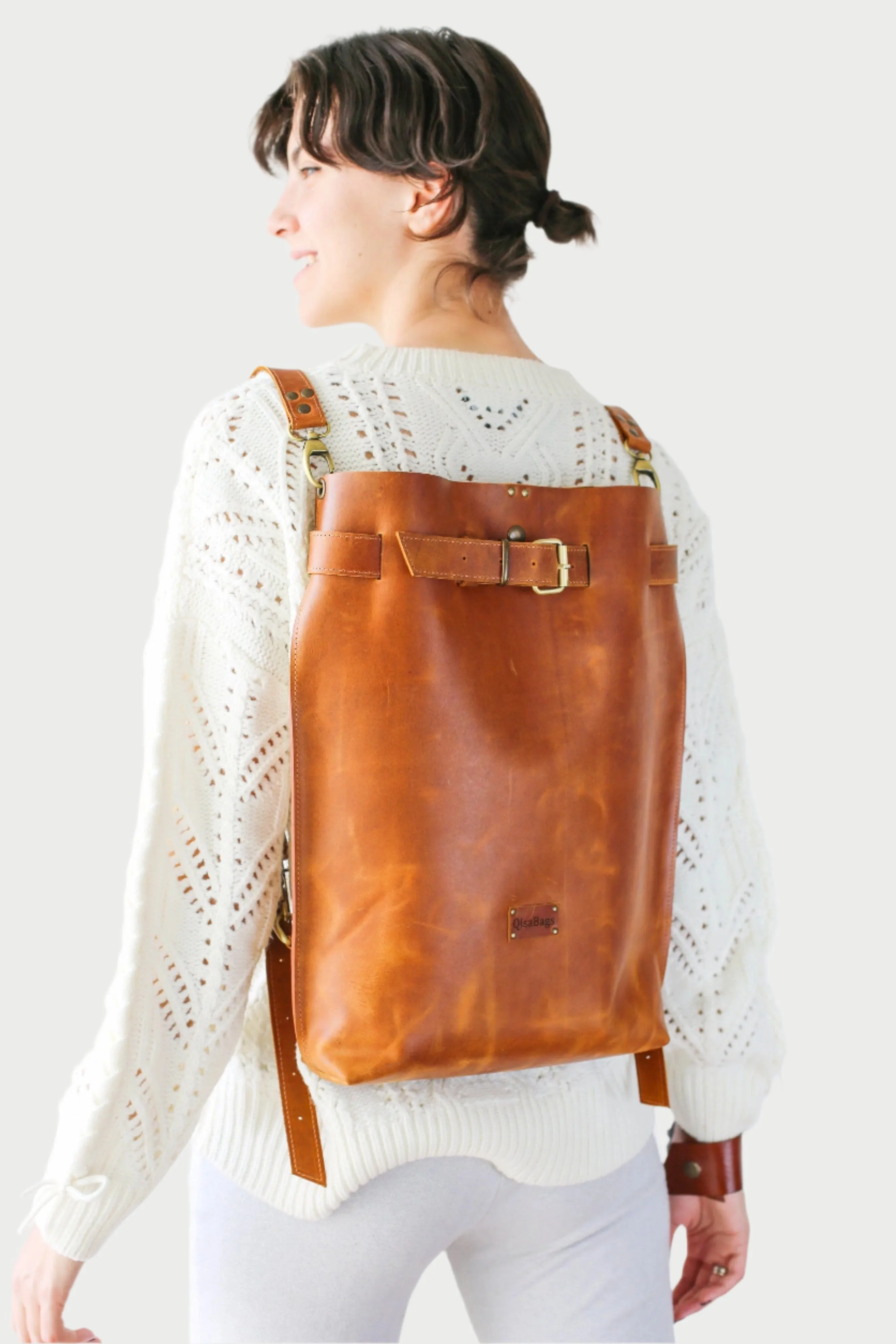 Cognac Brown Large Leather Backpack