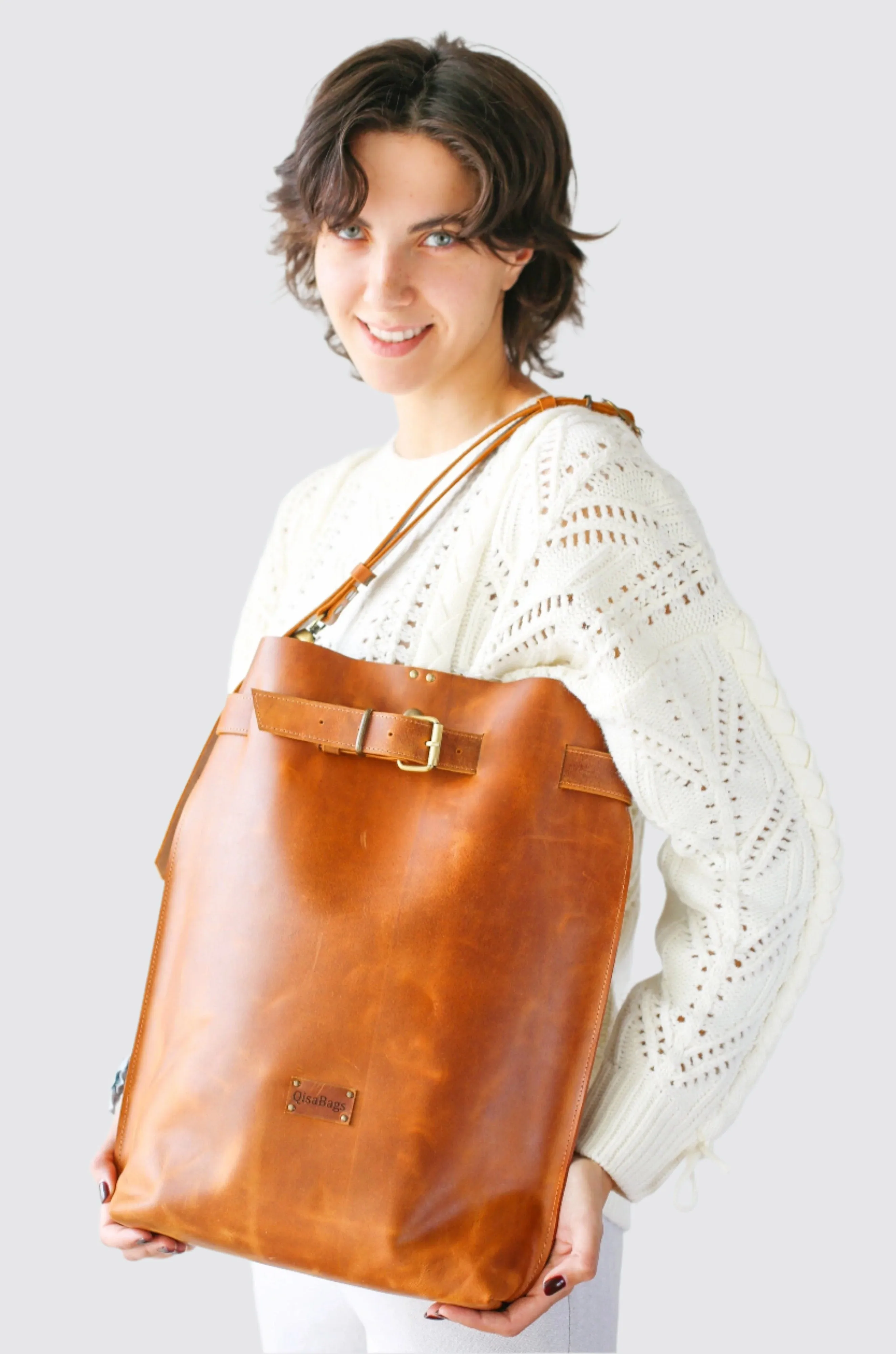 Cognac Brown Large Leather Backpack