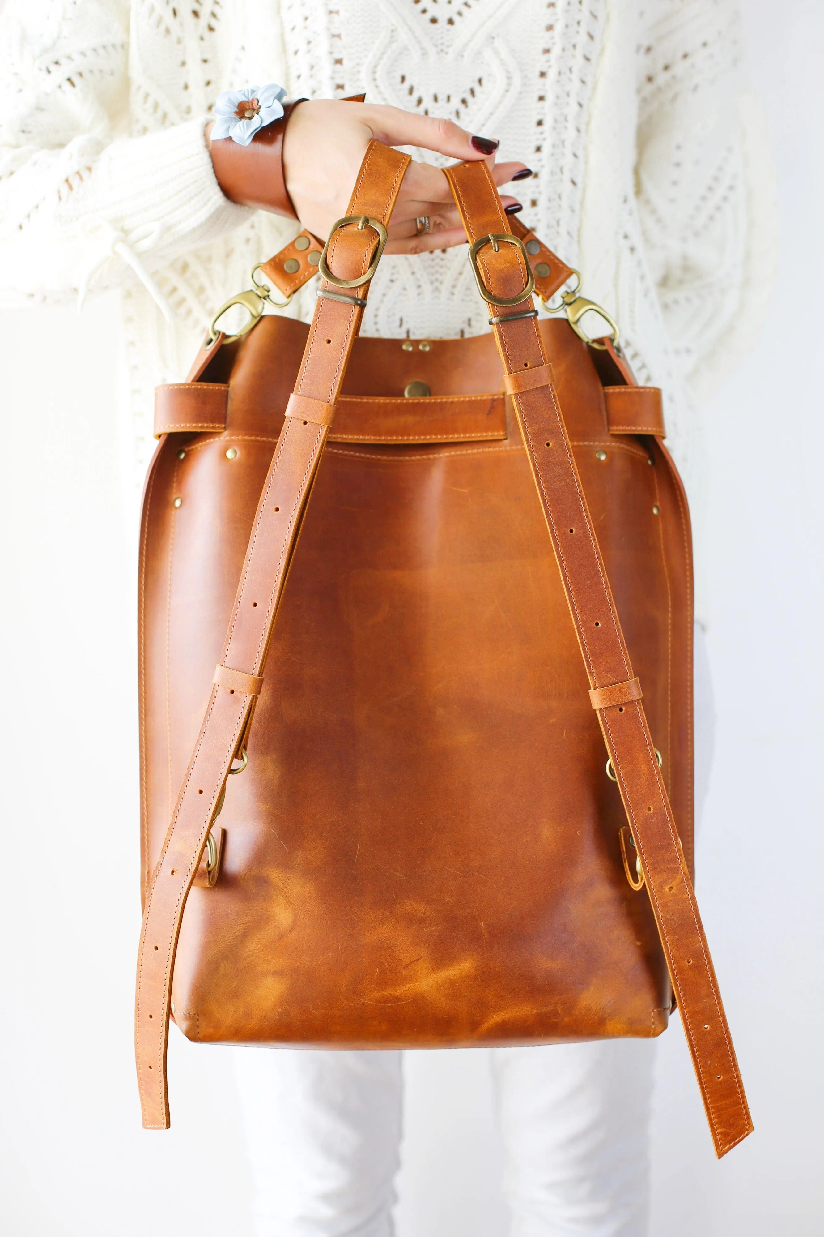 Cognac Brown Large Leather Backpack