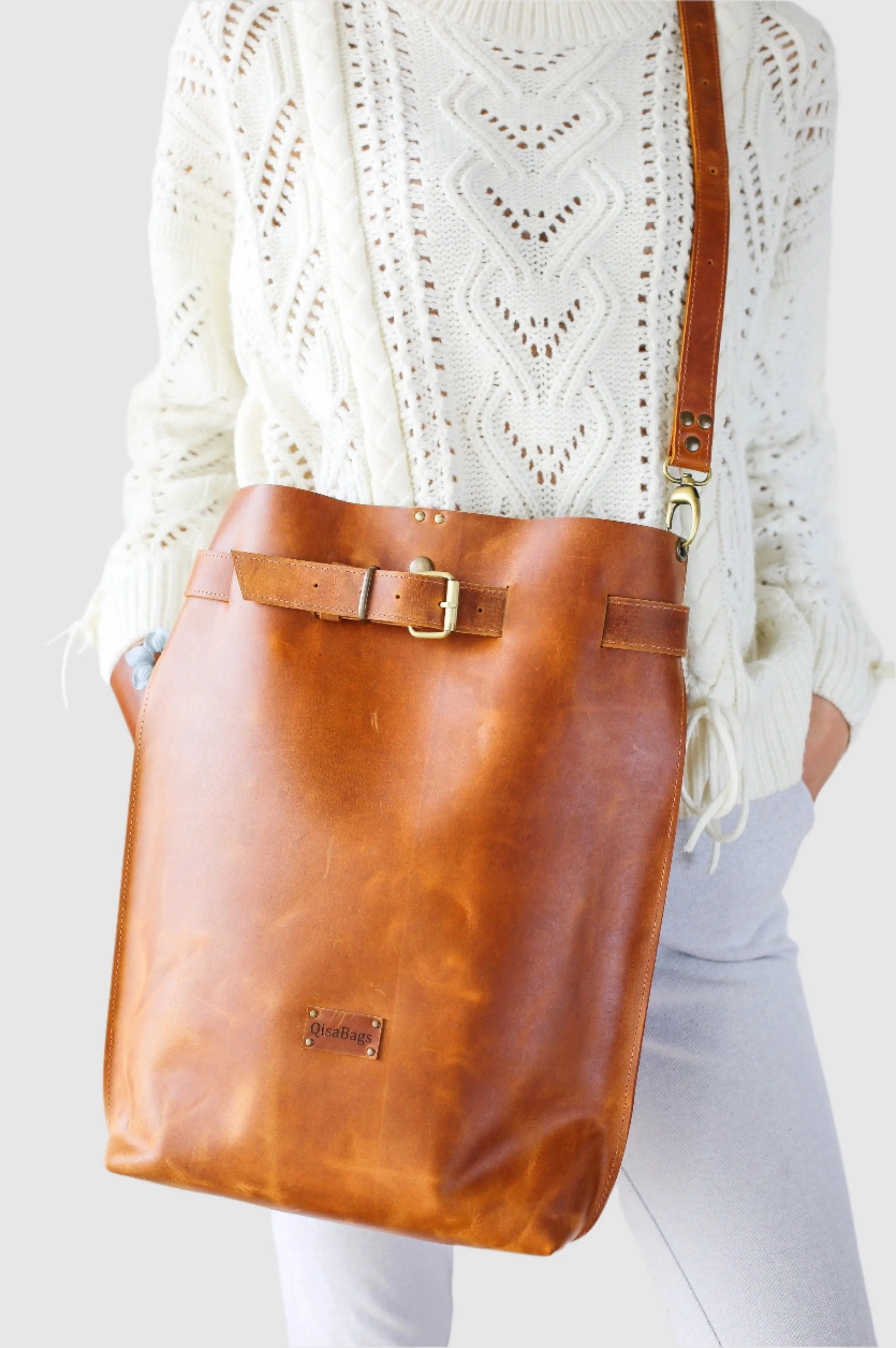 Cognac Brown Large Leather Backpack