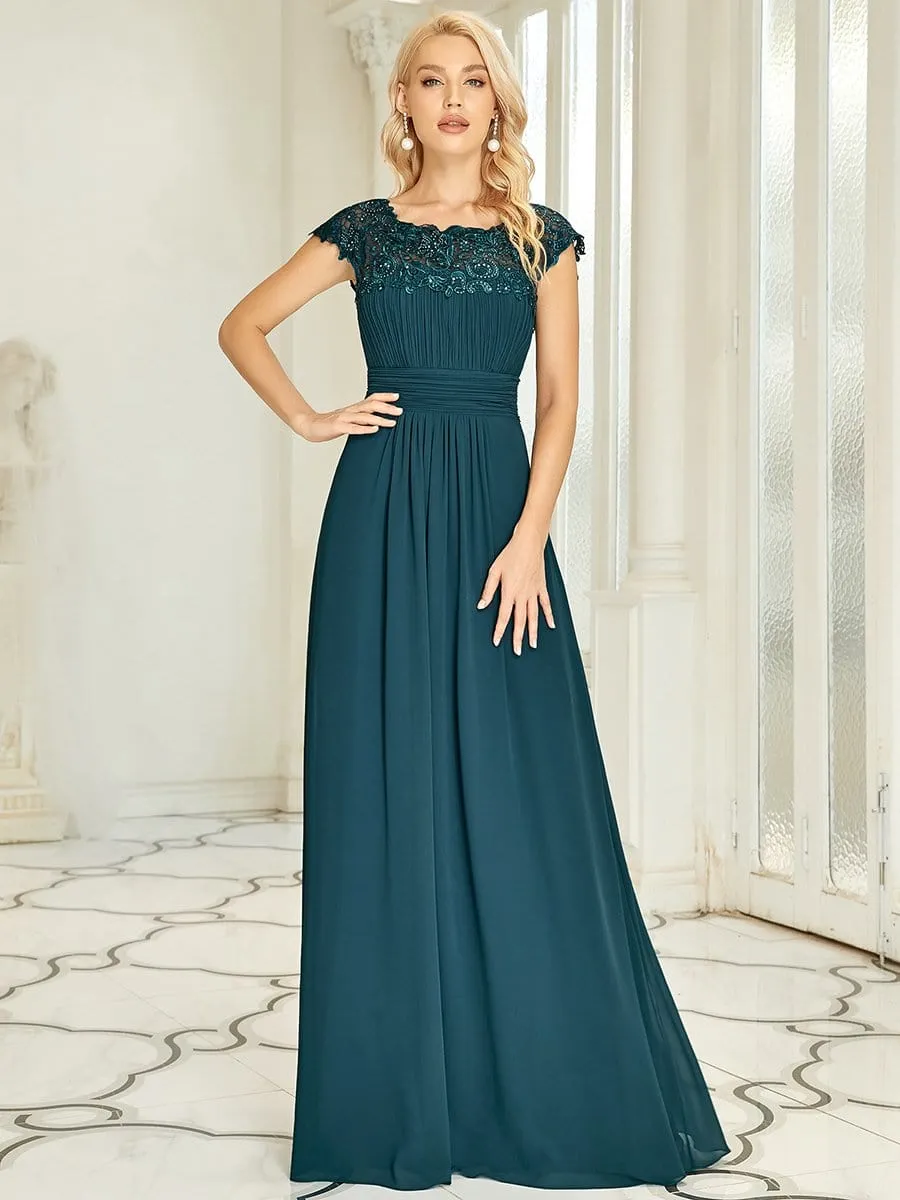 Elegant Maxi Long Lace Cap Sleeve Bridesmaid Dress