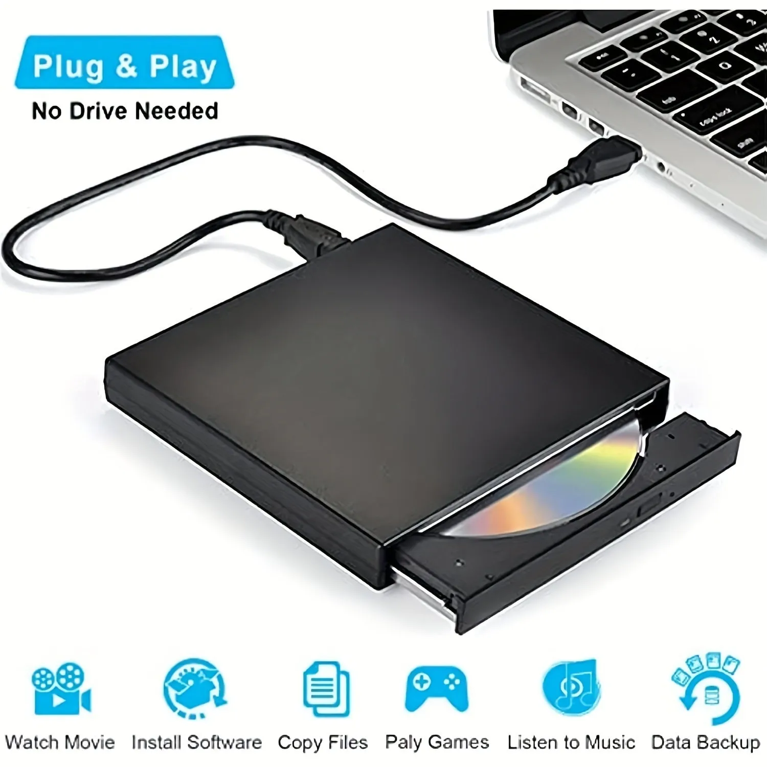 External CD DVD Drive, USB 2.0 Slim Portable Burner Writer Player for Laptop Desktop Computer