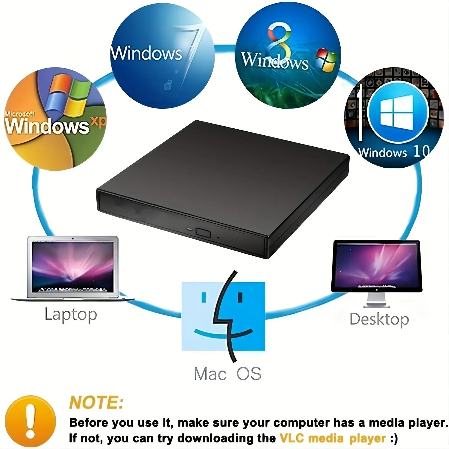 External CD DVD Drive, USB 2.0 Slim Portable Burner Writer Player for Laptop Desktop Computer