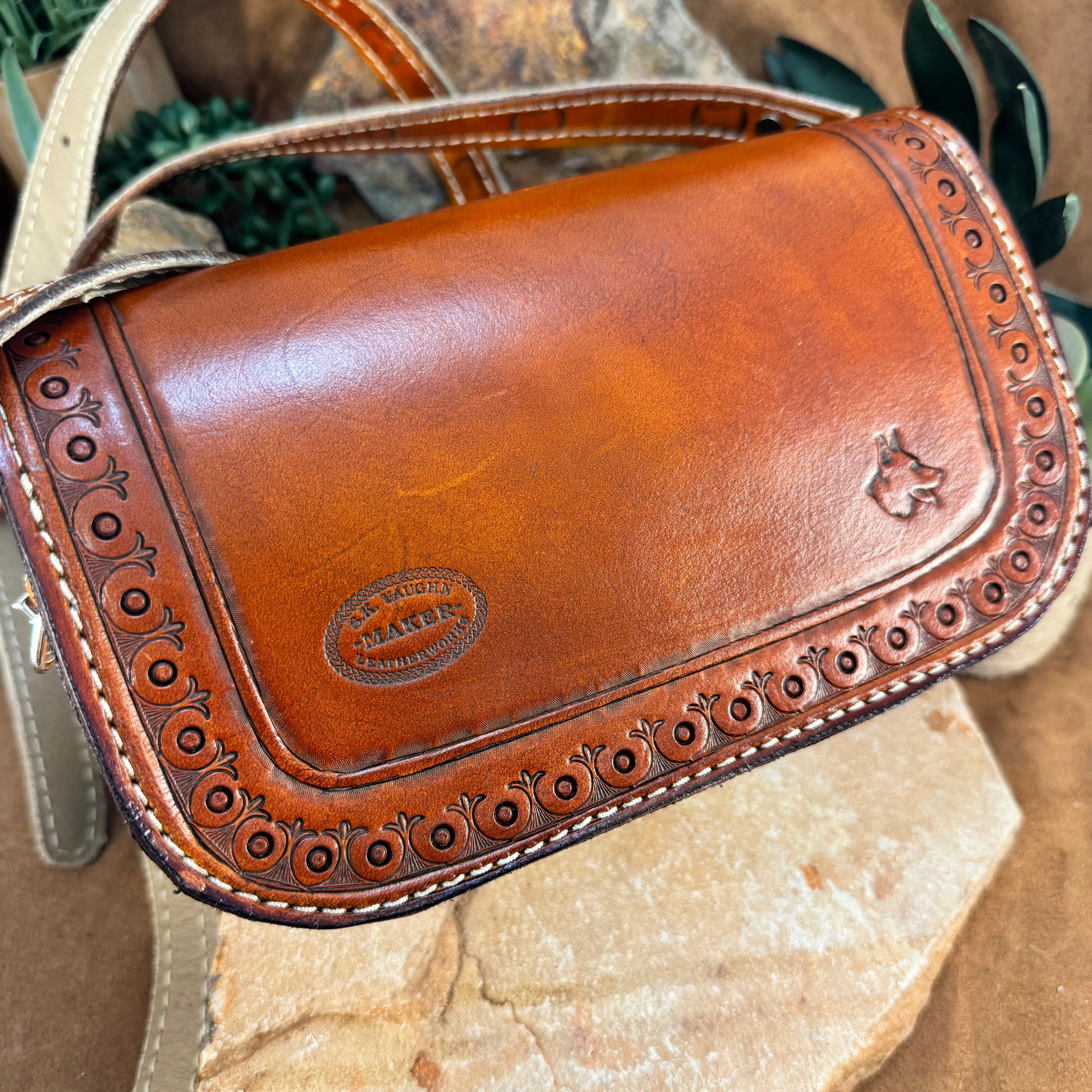 Hand Tooled 'Heart Design' Leather Crossbody Purse by Stephen Vaughn Leatherworks