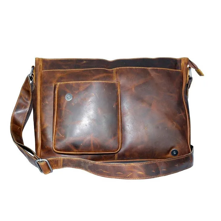 Justin Men's Waxed Leather Messenger Laptop Bag Brown