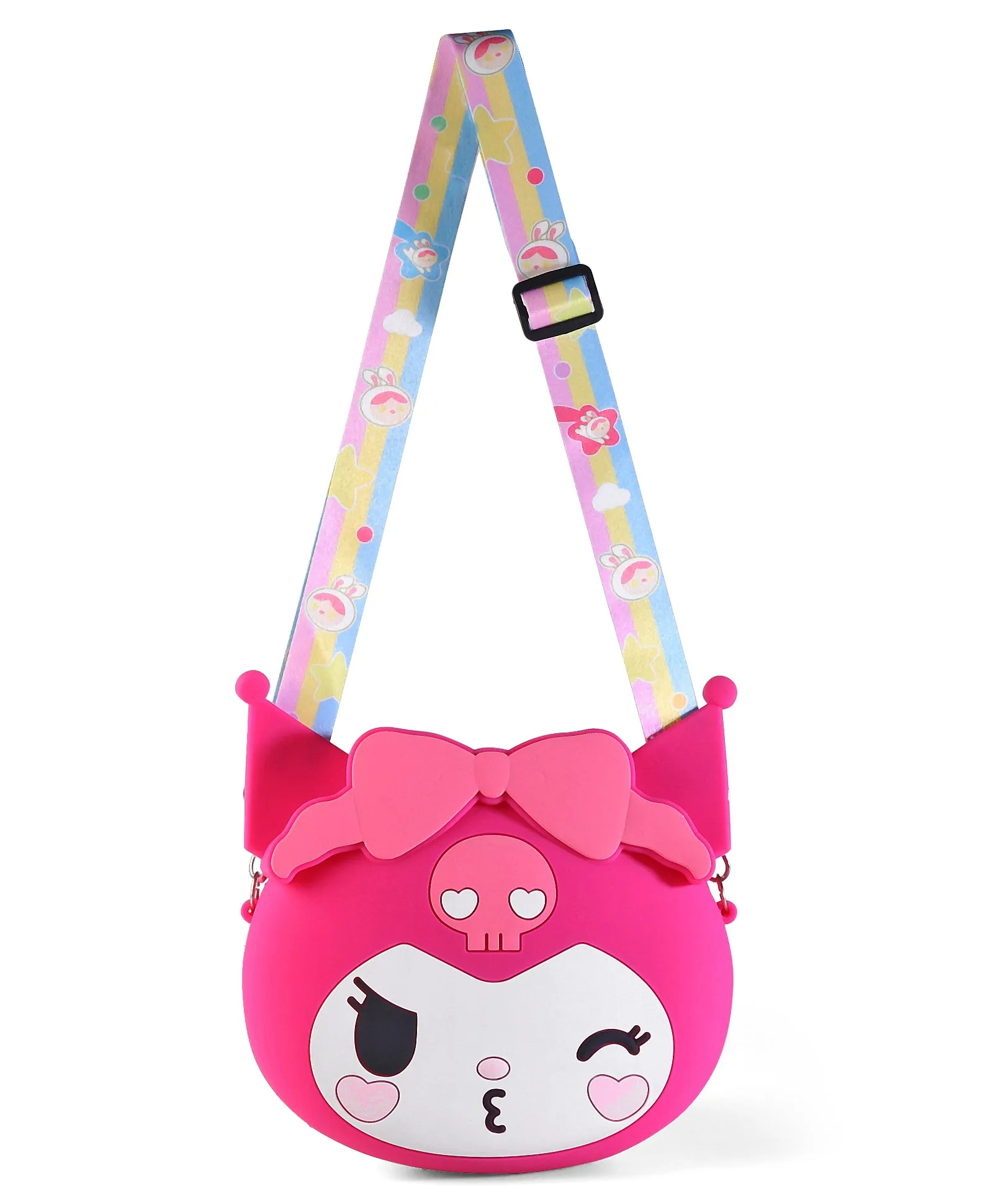 KUROMI FACE WITH BOW SILICON SLING BAG - DARK PINK