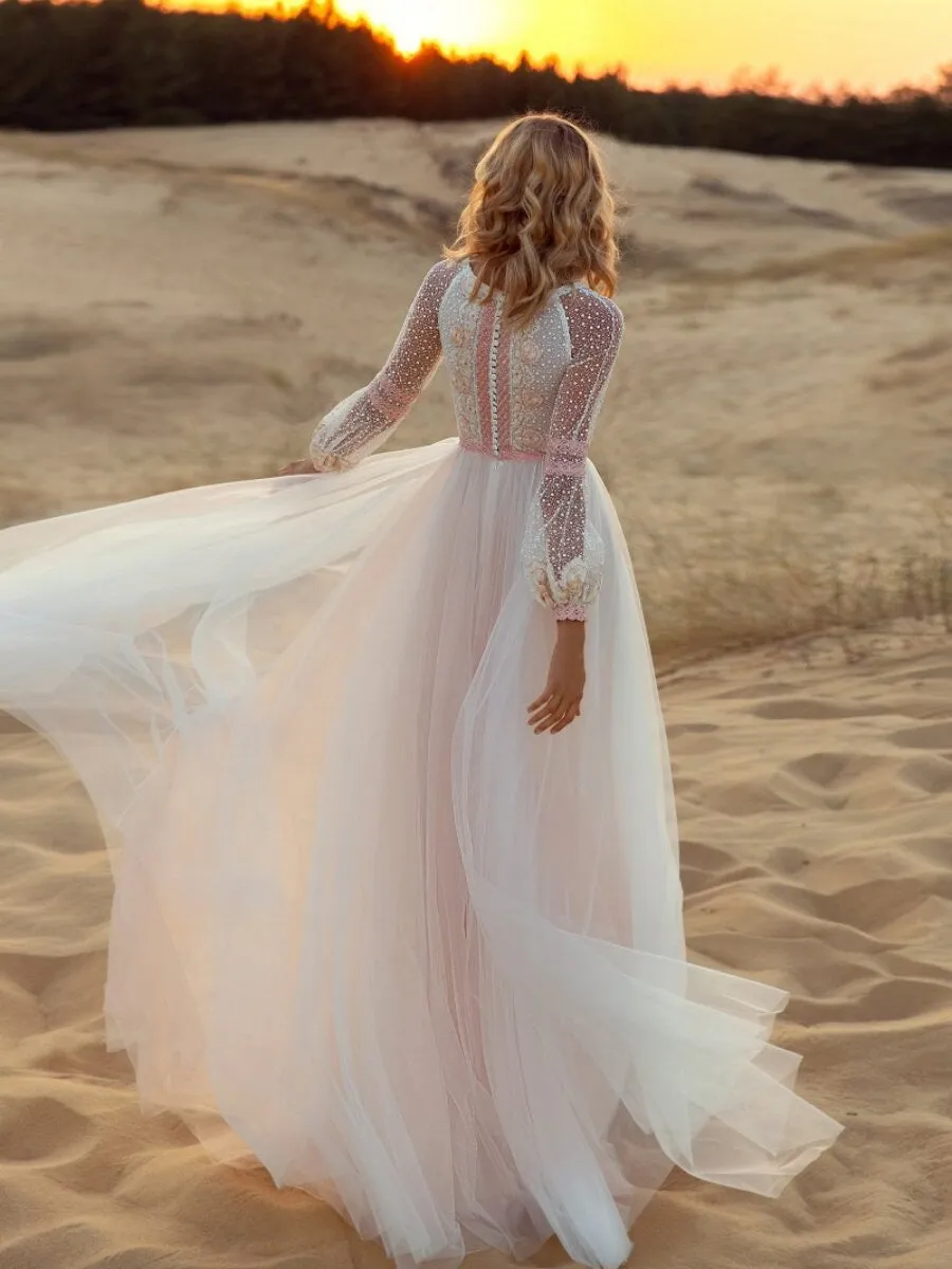 Lace Stitching Net Yarn White Long Dress