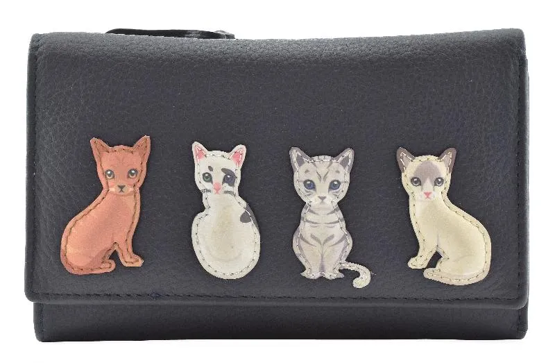 Mala Leather Best Friends Sitting Cats Tri Fold Purse Navy