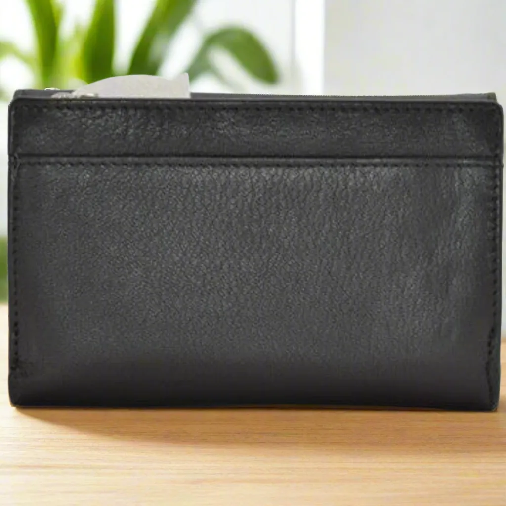 Mala Leather Midnight Cats Tri Fold Purse Black