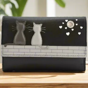 Mala Leather Midnight Cats Tri Fold Purse Black