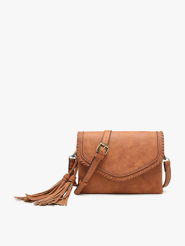 Sloane Suede Flapover Crossbody w/ Whipstitch & Tassel