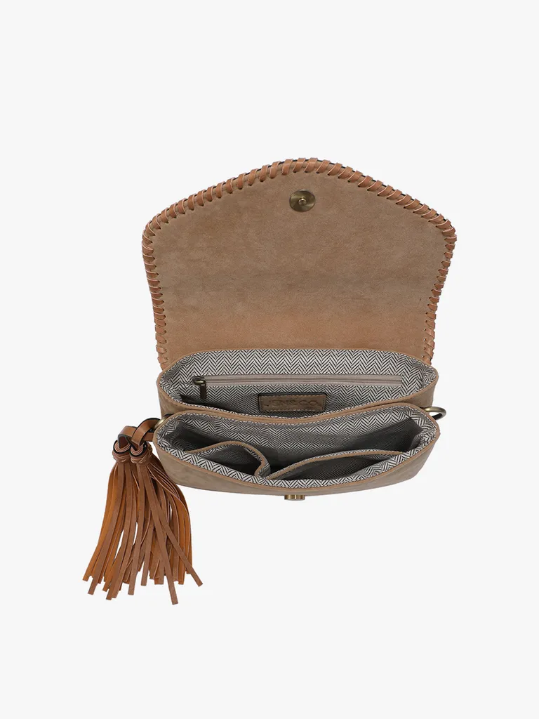 Sloane Suede Flapover Crossbody w/ Whipstitch & Tassel