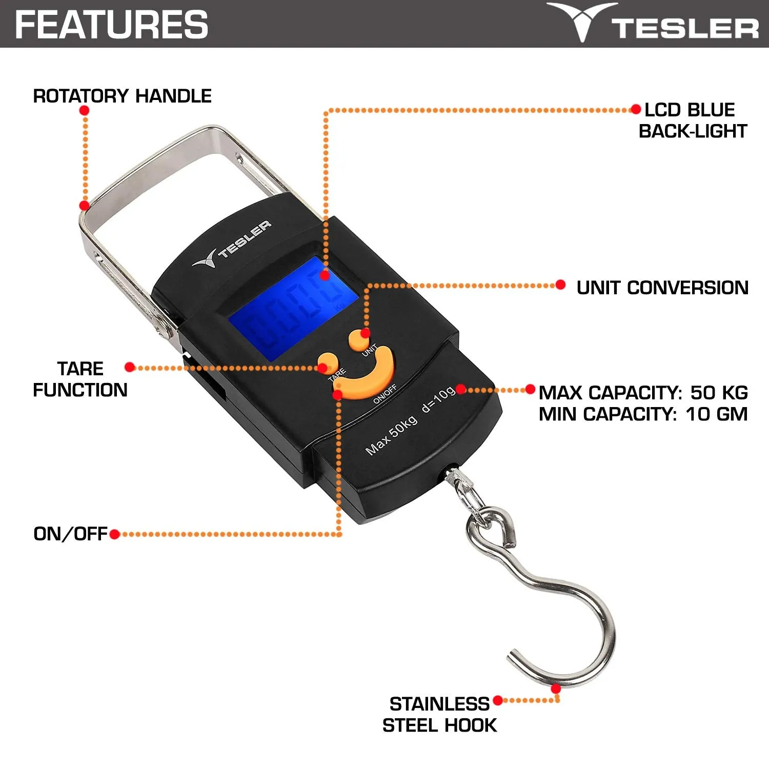 Tesler Portable Electronic Weight Machine, Weight Measure, Digital LED Screen, Luggage Weighing Scale, (Black)