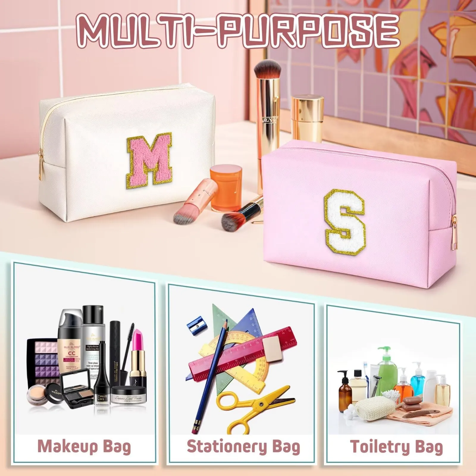 TOPEAST Monogrammed Gifts for Women, Preppy Makeup Bag Small Cosmetic Bag Travel Toiletry Bag, Personalized Birthday Gift for Girl, Wedding Bridal Shower Gifts for Bridesmaids (Letter M)