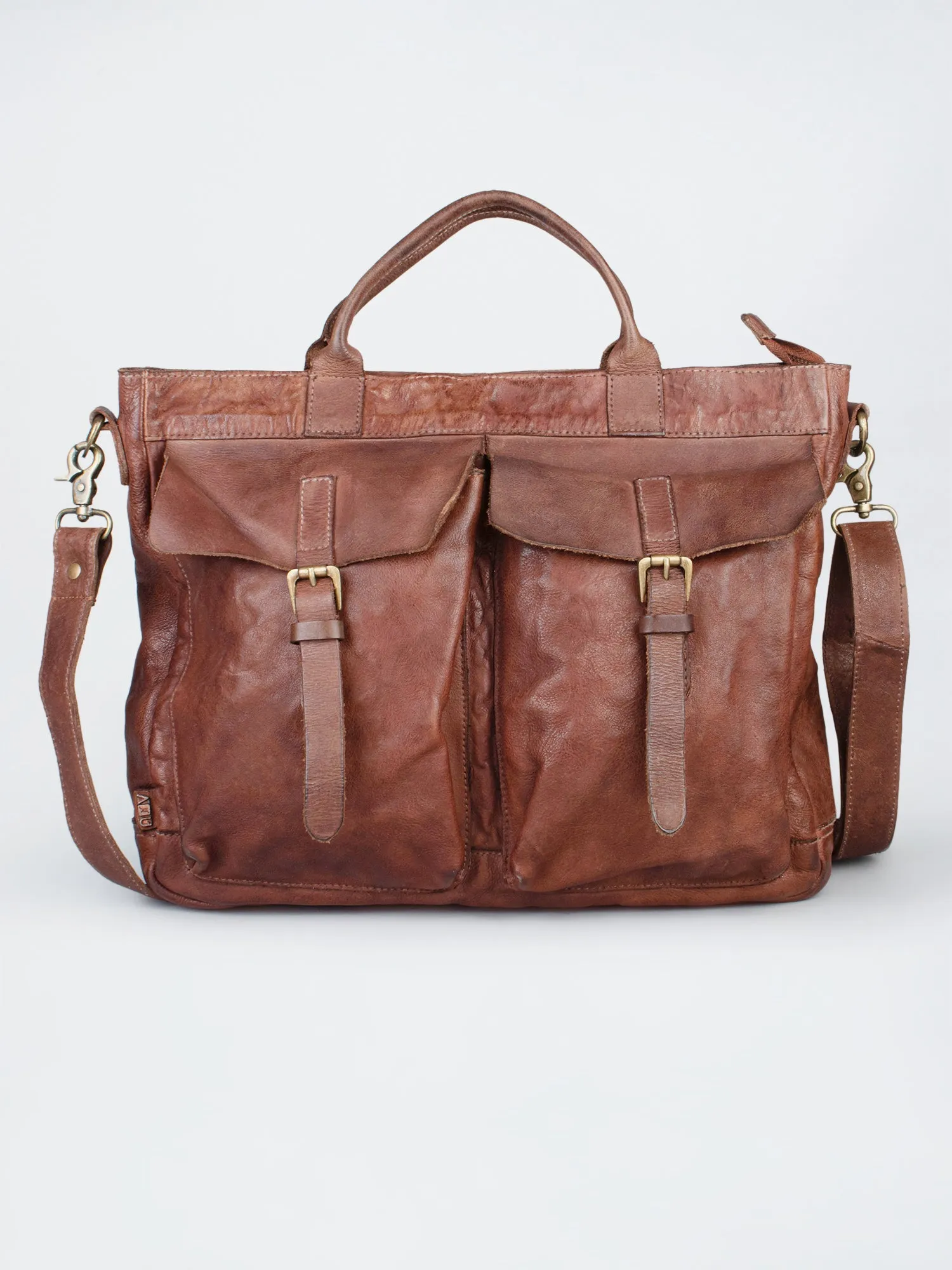 Vintage Brown Leather Laptop Bag With Front Pocket For Men & Women