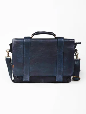 Vintage Navy Blue Leather Men's Messenger Bag By Art N Vintage