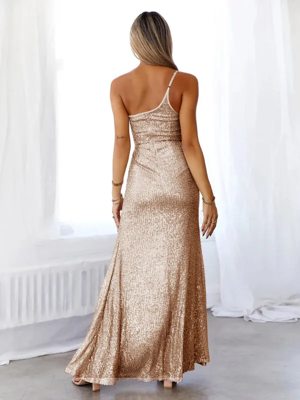 Women's Elegant Floor Length One Shoulder Sequin Dress With Thigh High Split