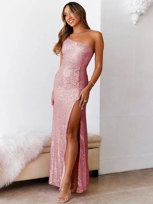 Women's Elegant Floor Length One Shoulder Sequin Dress With Thigh High Split