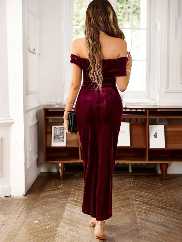 Women's Elegant Off The Shoulder Velvet Front Ruched Dress