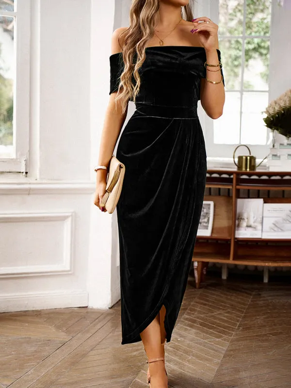 Women's Elegant Off The Shoulder Velvet Front Ruched Dress