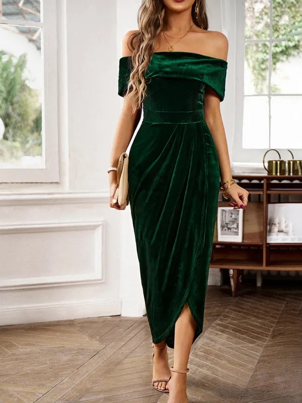 Women's Elegant Off The Shoulder Velvet Front Ruched Dress