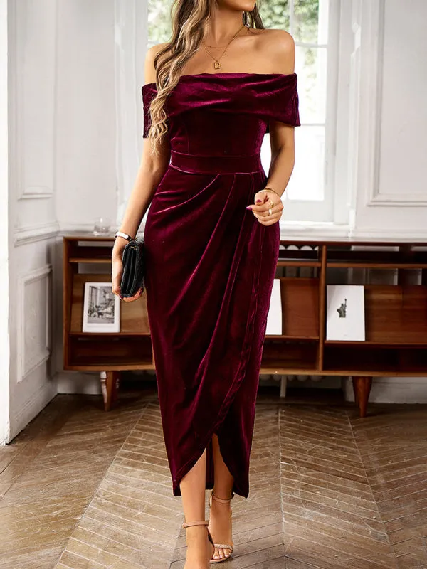 Women's Elegant Off The Shoulder Velvet Front Ruched Dress